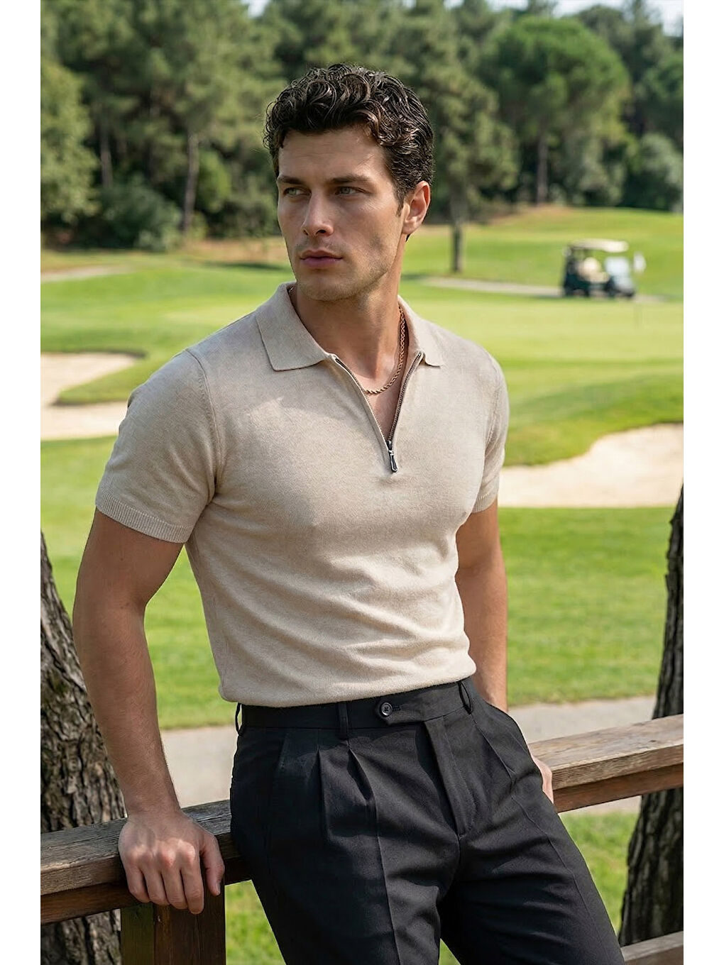 Bej Osko Erkek Polo Yaka Pamuk Düz İnce Triko Tişört-2