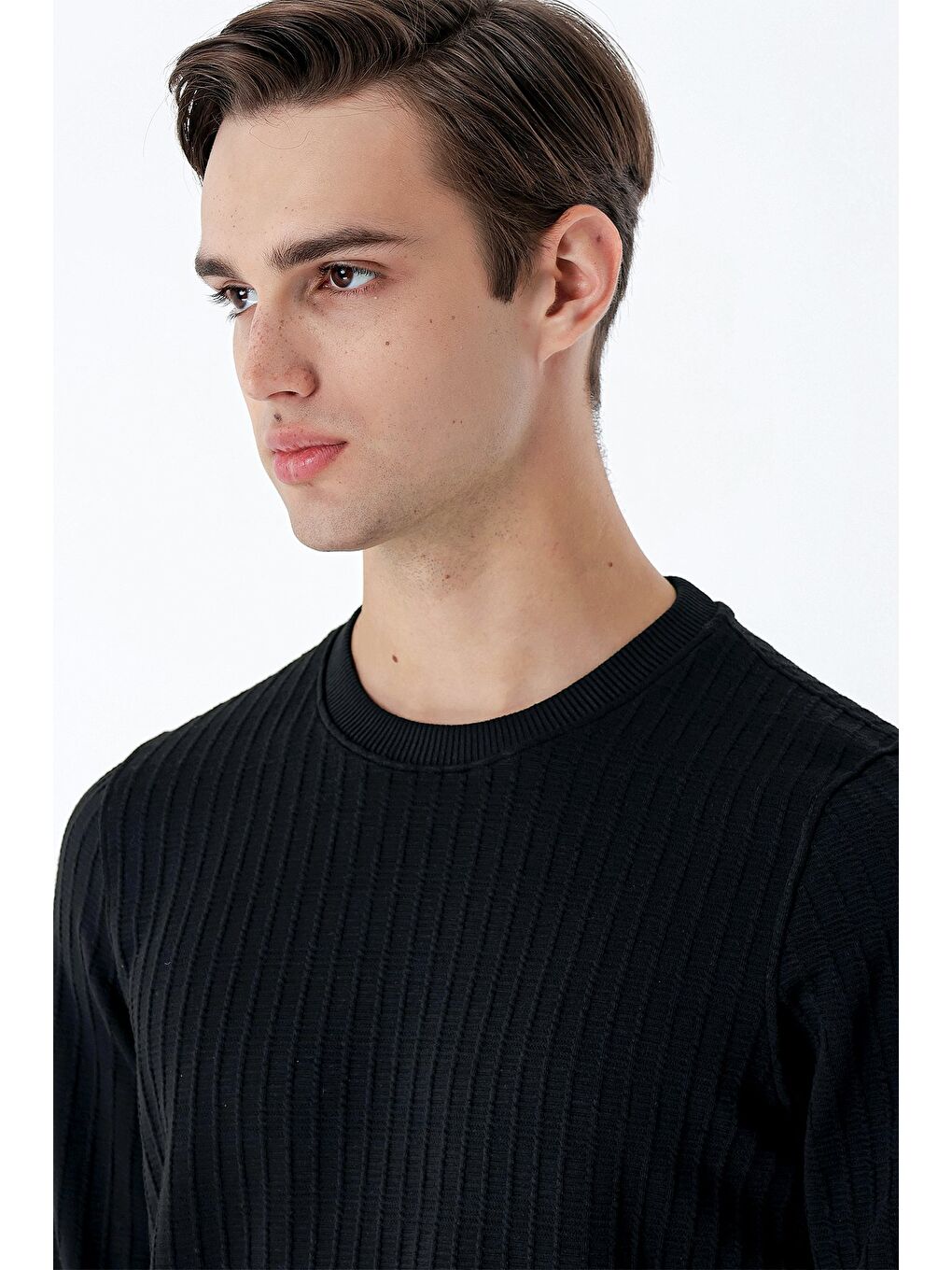 Siyah Uzun Kollu  Örme Bisiklet Yaka   Elastanlı Casual Comfort Fit Sweatshirt 1013235104-3