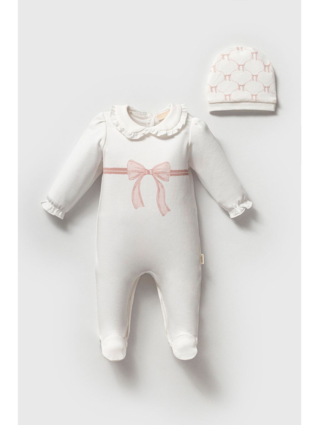 Karışık Kız Bebek Pamuklu Ekru Fiyonklu Yaka Detaylı Tulum Ve Şapka Seti-2