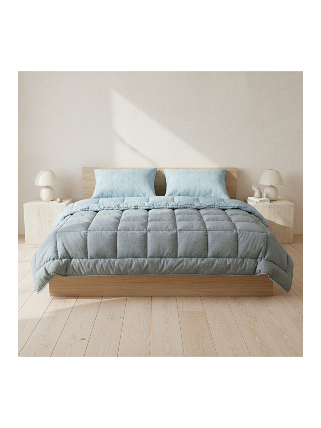 Çift Kişilik Çift Taraflı Welsoft Comforter Yorgan Seti Mavi 195x215 cm - Dormio Soft Bloom Serisi