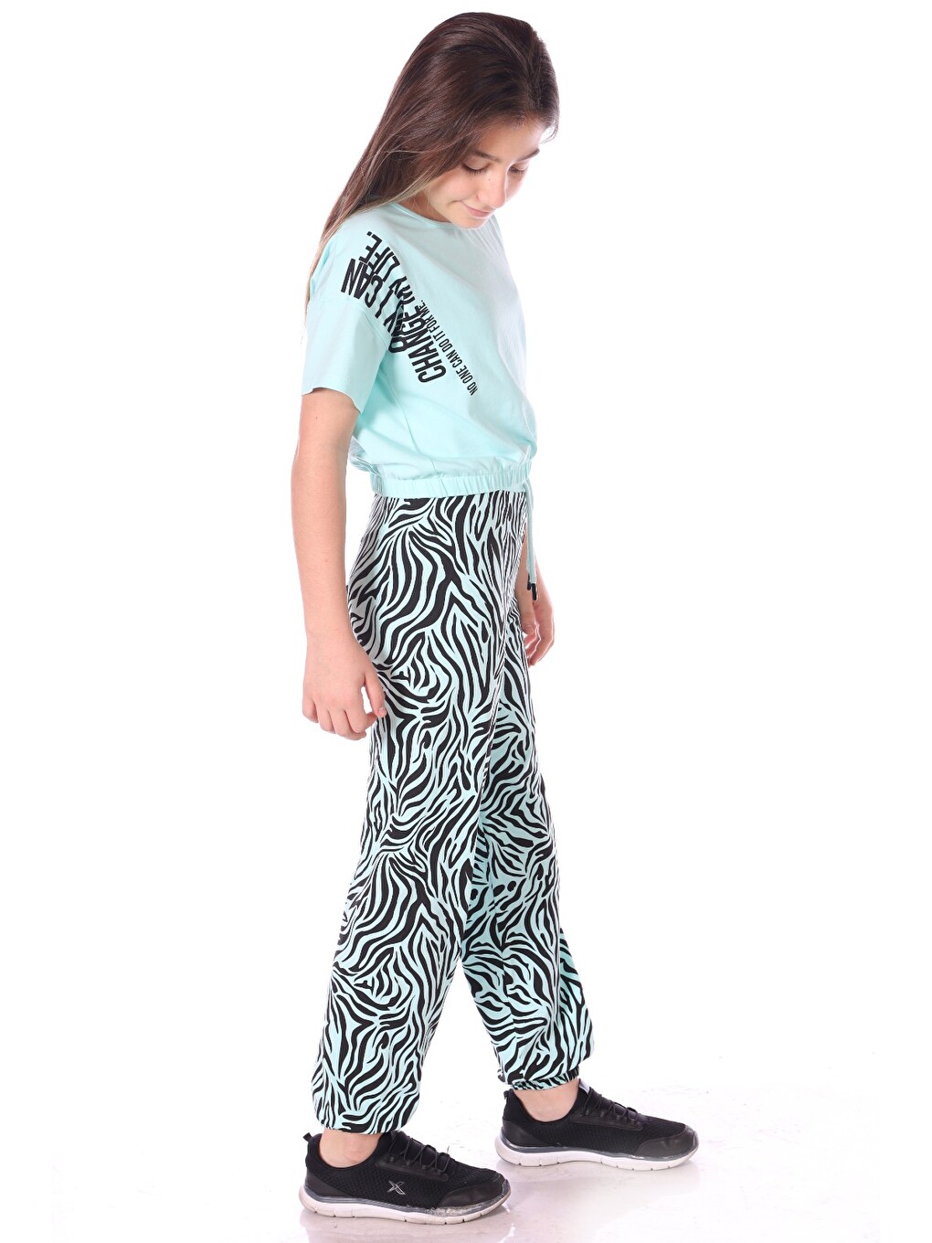 Turkuaz Kız Çocuk Only I Can Yazılı Zebra Baskılı Eşofman Takım-1