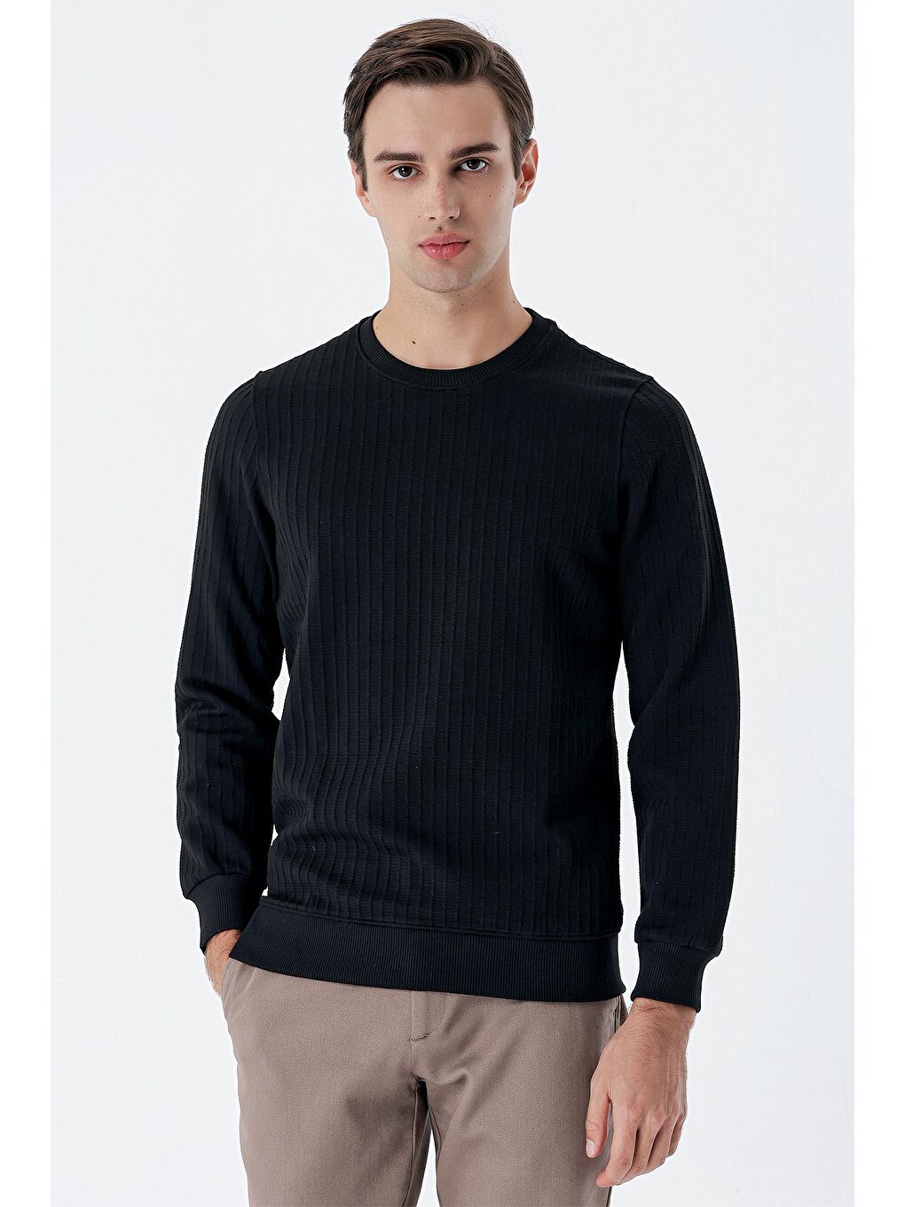 Siyah Uzun Kollu  Örme Bisiklet Yaka   Elastanlı Casual Comfort Fit Sweatshirt 1013235104-4