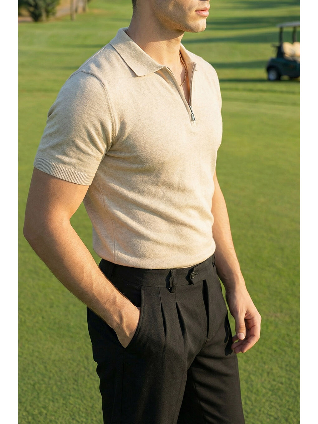 Bej Osko Erkek Polo Yaka Pamuk Düz İnce Triko Tişört-3