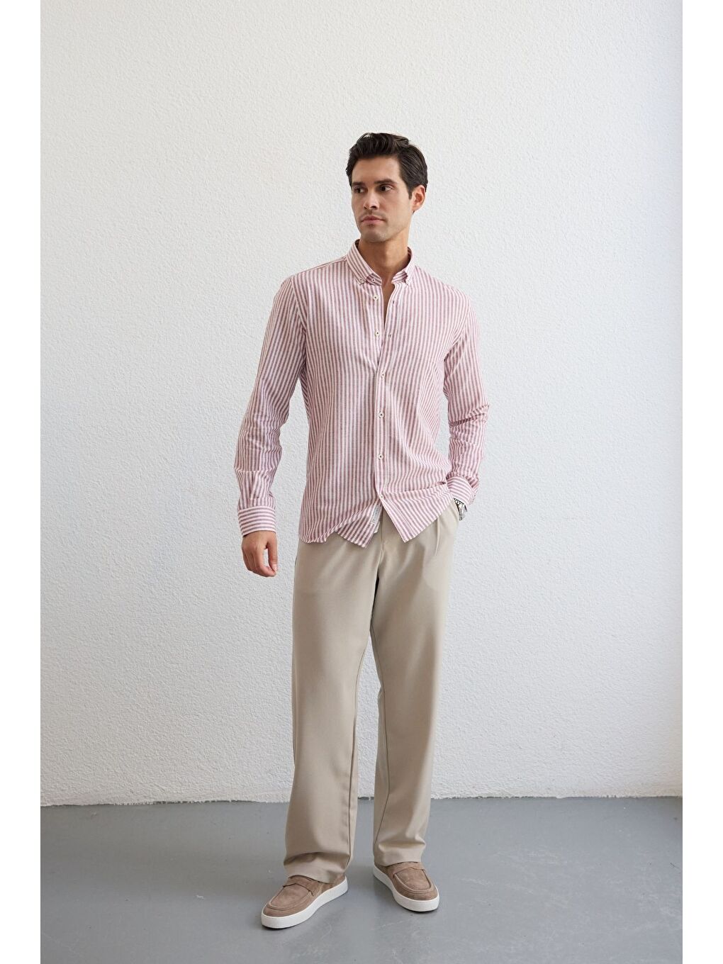 Pembe Senoc Erkek Gömlek Modern Slim Fit Keten Görünümlü Kalın Çizgili-4