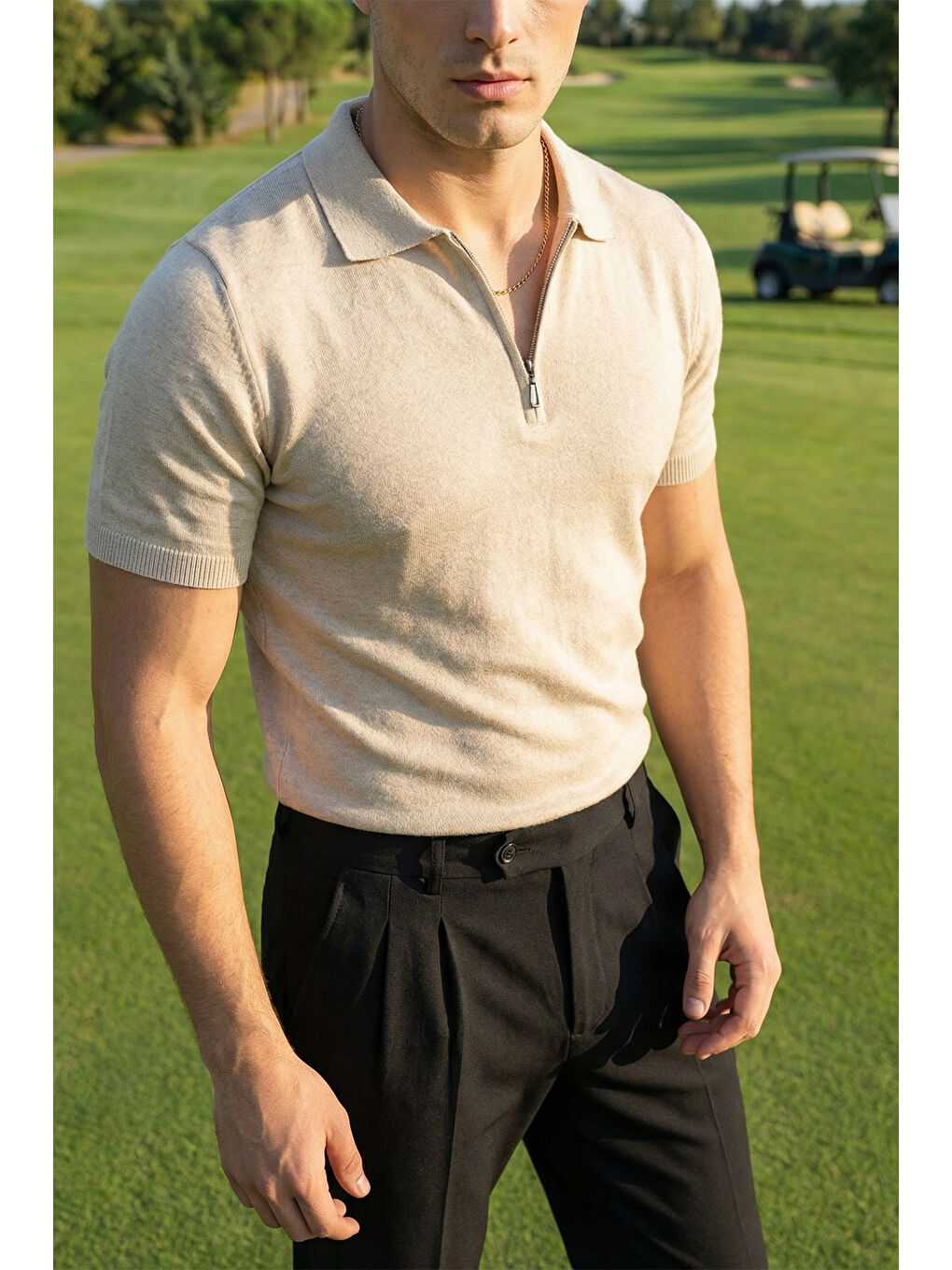 Bej Osko Erkek Polo Yaka Pamuk Düz İnce Triko Tişört-4