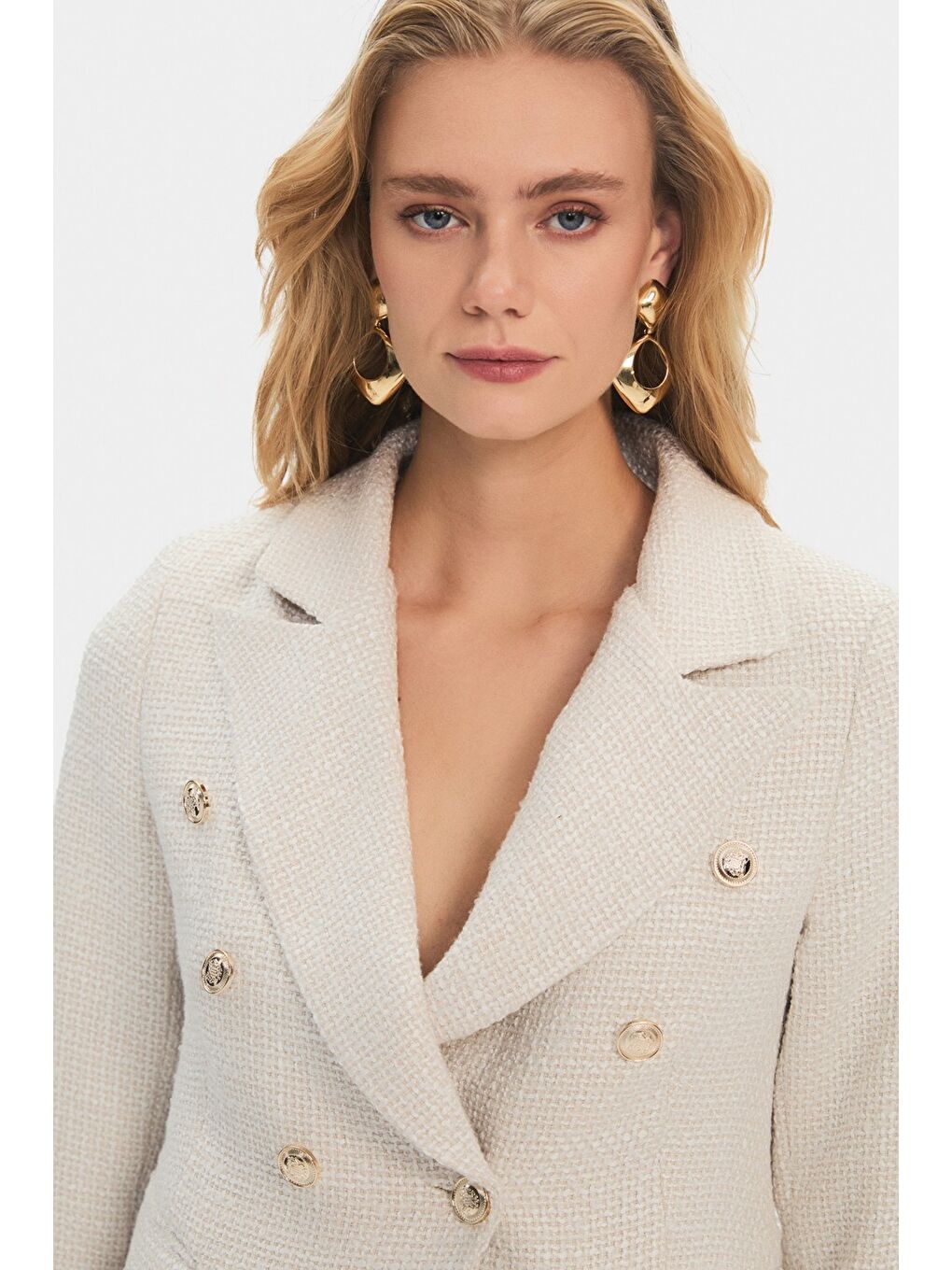 Beyaz Kadın Pamuk Karışımlı Tuvit Ceket Mini Etek Takım-1