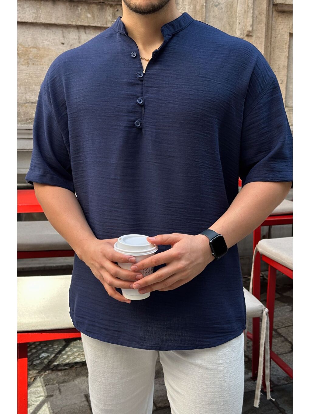 Lacivert Soro Erkek Oversize Keten Görünümlü Kısa Kol Hakim Yaka Yarım Pat Gömlek