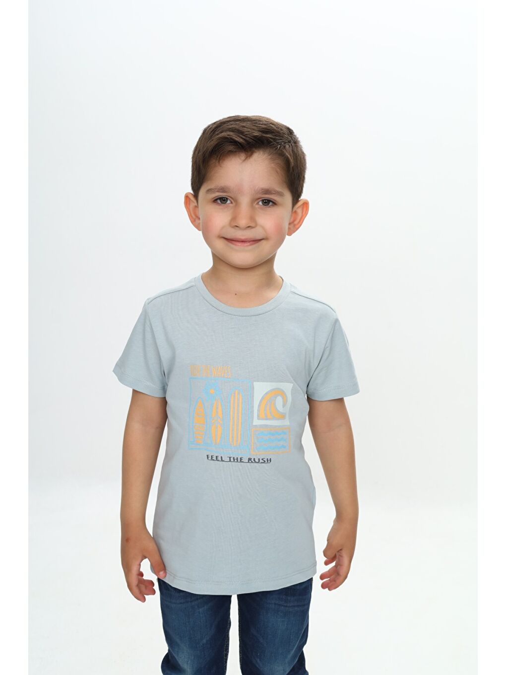 Gri Erkek Çocuk Surf Tema Baskılı Tişört