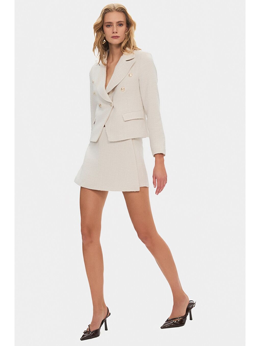 Beyaz Kadın Pamuk Karışımlı Tuvit Ceket Mini Etek Takım-2