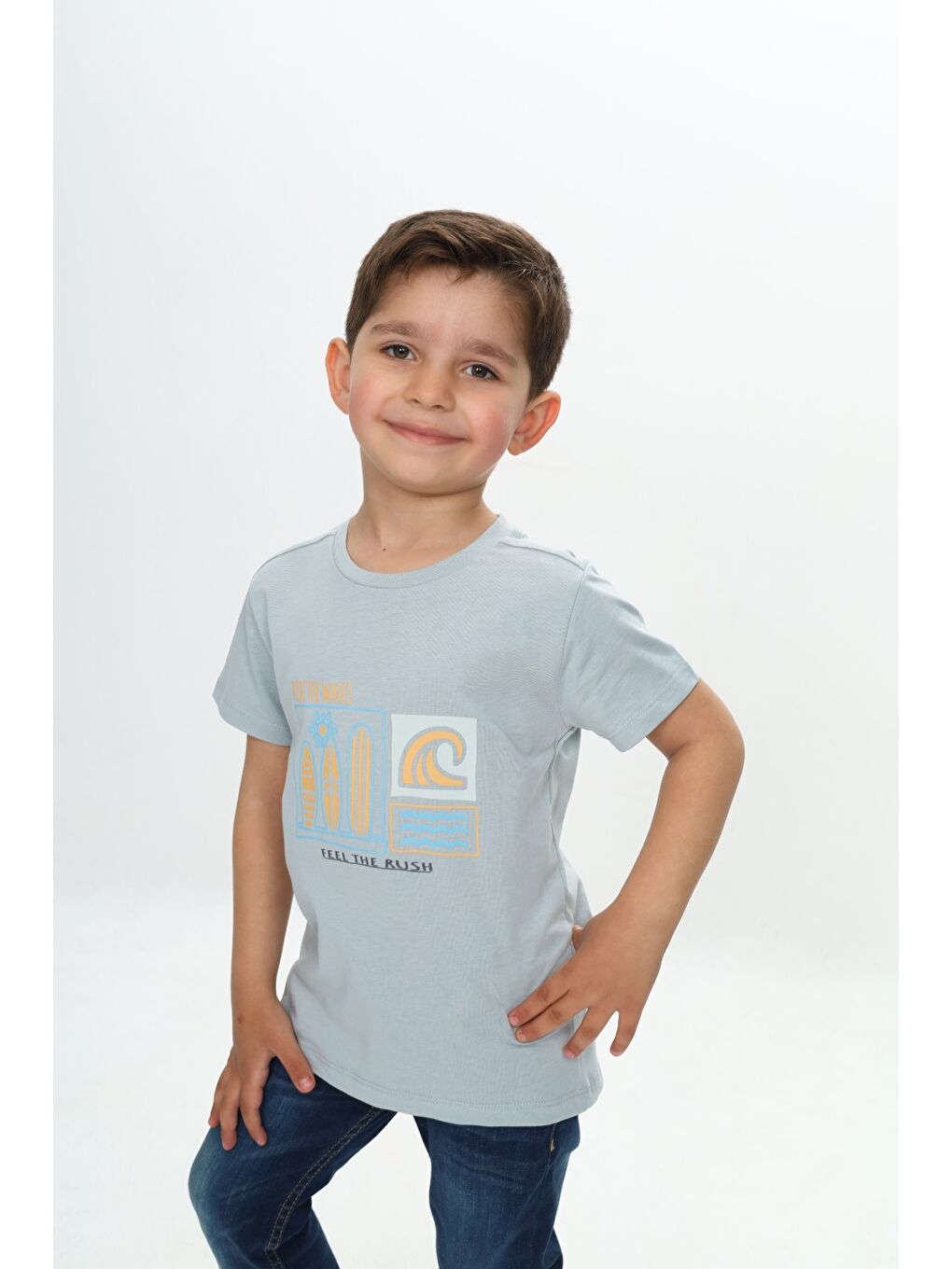 Gri Erkek Çocuk Surf Tema Baskılı Tişört-1