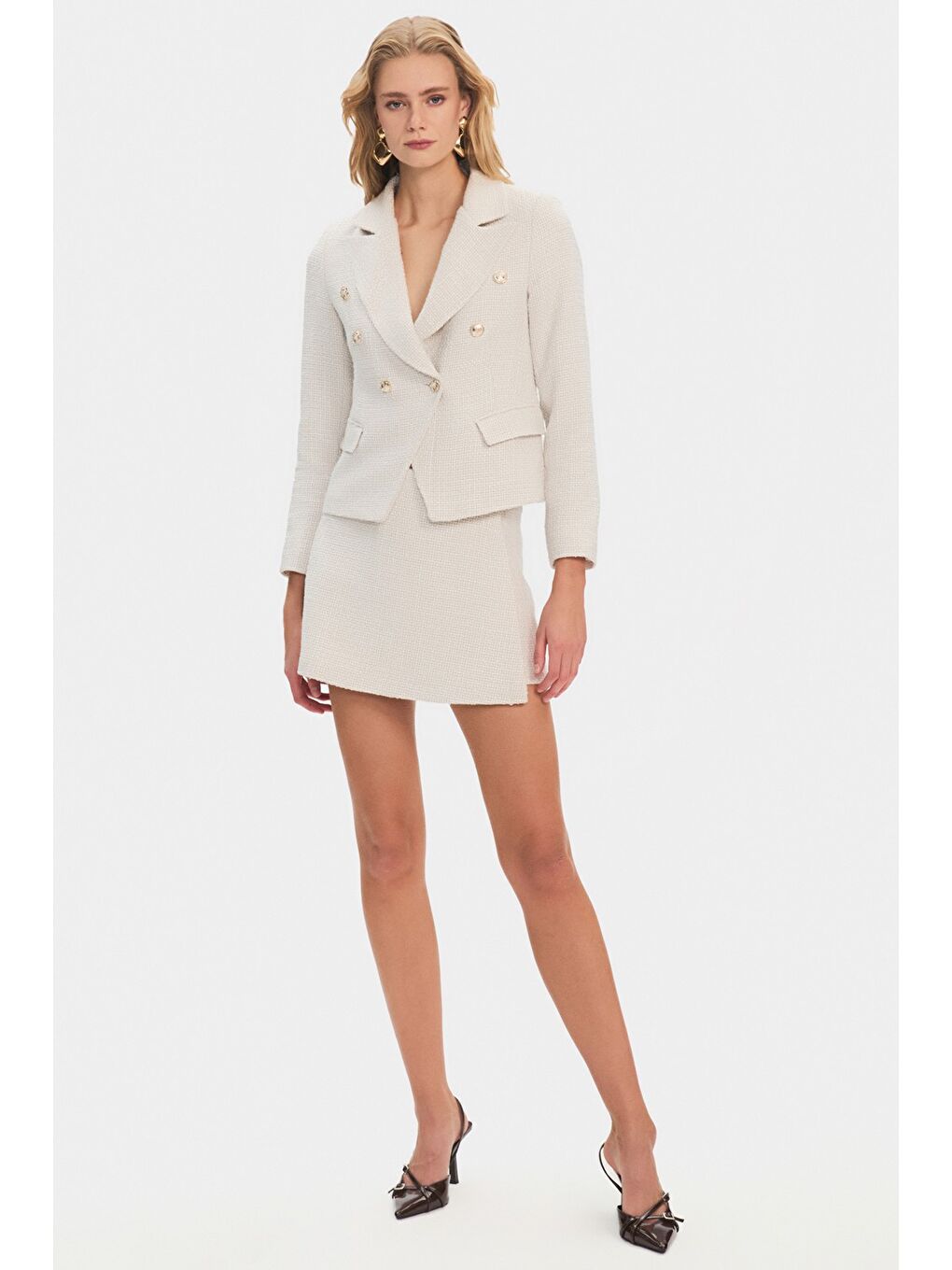 Beyaz Kadın Pamuk Karışımlı Tuvit Ceket Mini Etek Takım-3