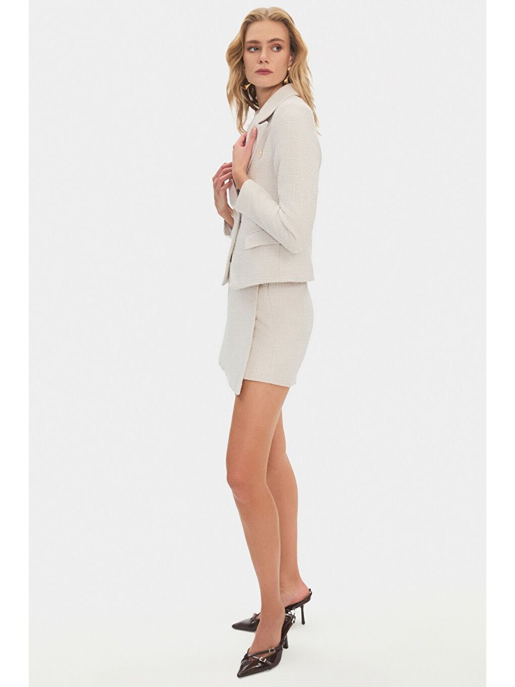 Beyaz Kadın Pamuk Karışımlı Tuvit Ceket Mini Etek Takım-4