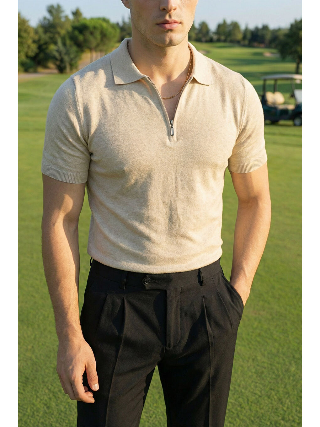 Bej Osko Erkek Polo Yaka Pamuk Düz İnce Triko Tişört-5