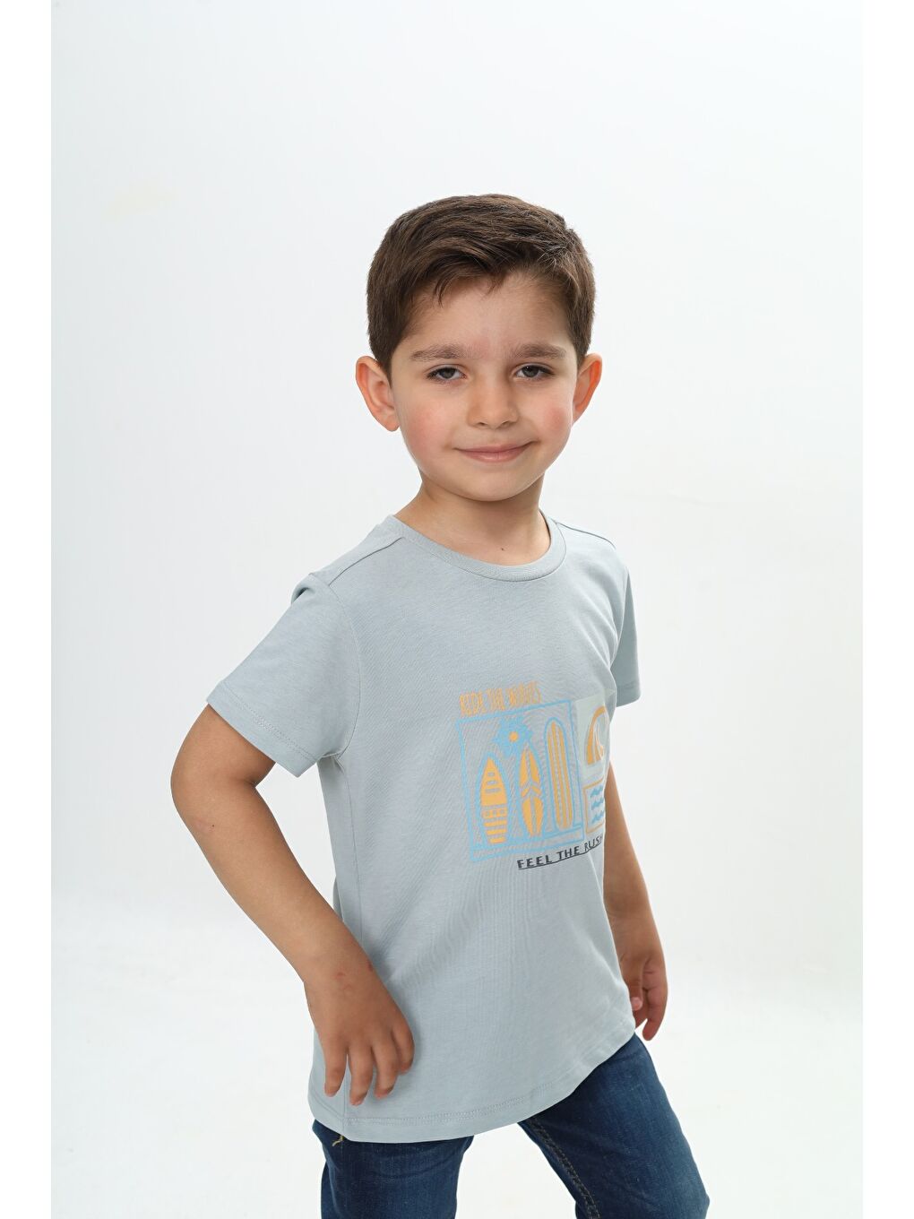 Gri Erkek Çocuk Surf Tema Baskılı Tişört-2