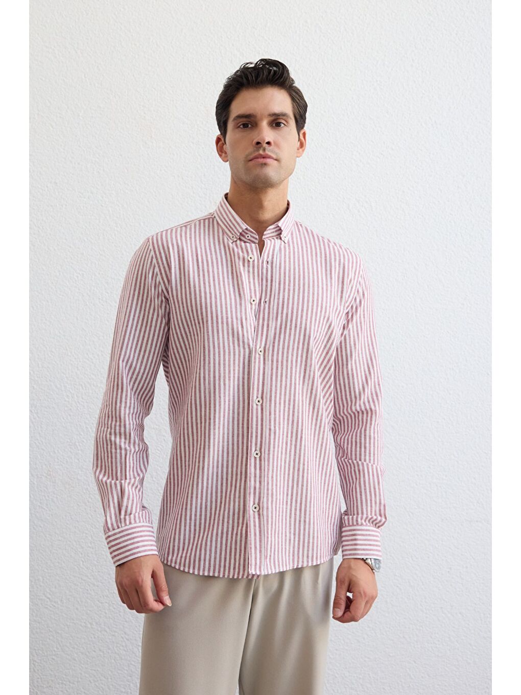 Pembe Senoc Erkek Gömlek Modern Slim Fit Keten Görünümlü Kalın Çizgili-5