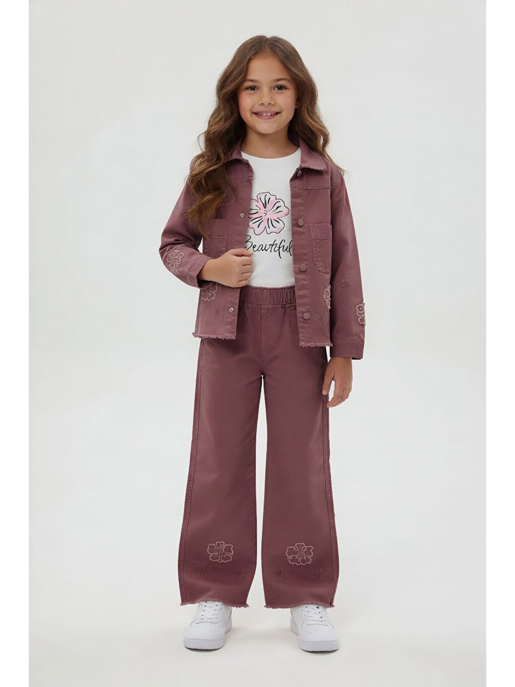 Fuşya Çiçek Nakışlı Ceketli Geniş Paça Pantolonlu Kız Çocuk 3lü Takım 24119-1
