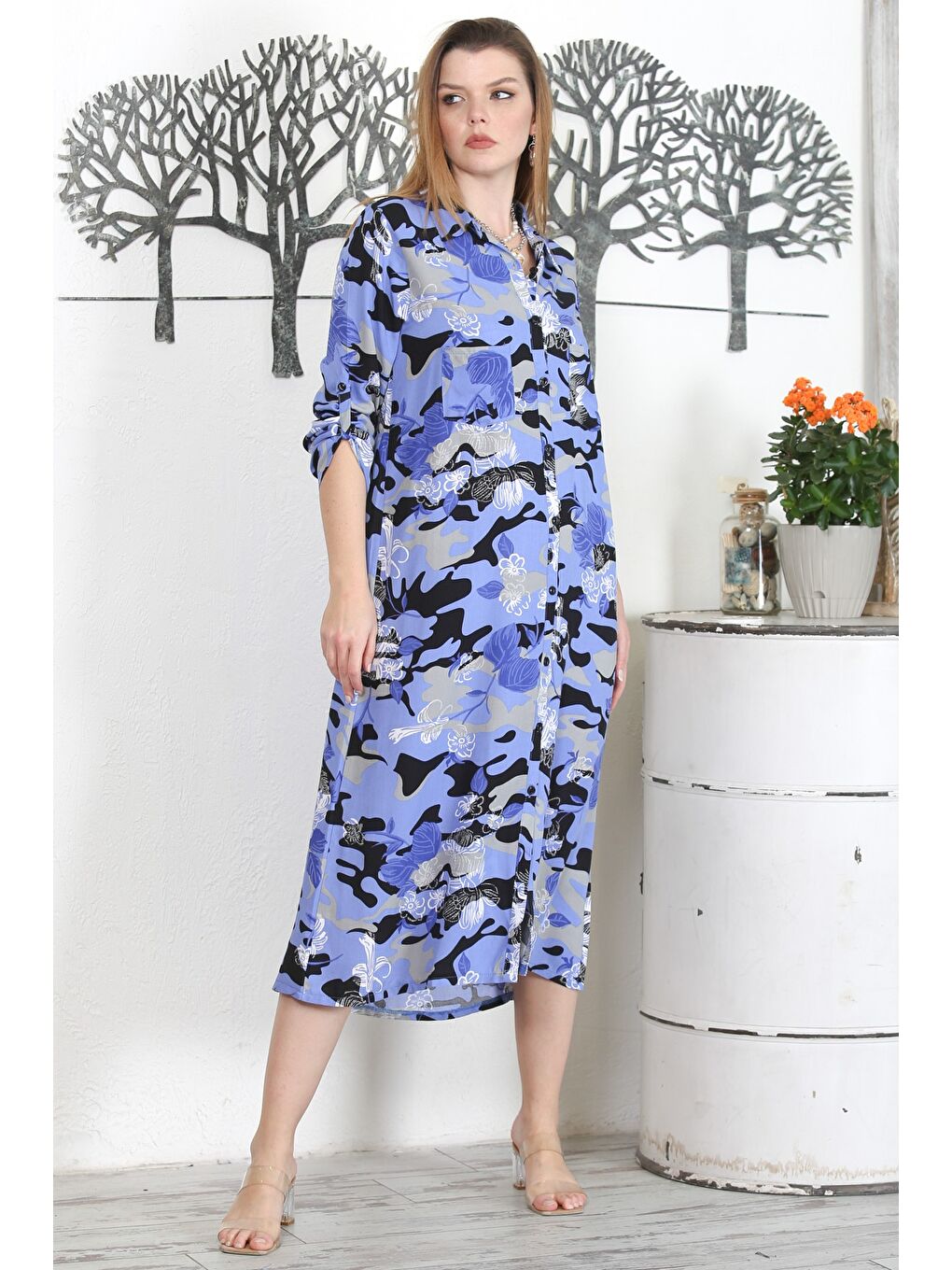 Yeşil Kamuflaj Mavi Gömlek Yaka Düğmeli Uzun Kollu Baskılı Casual Dokuma Elbise-2