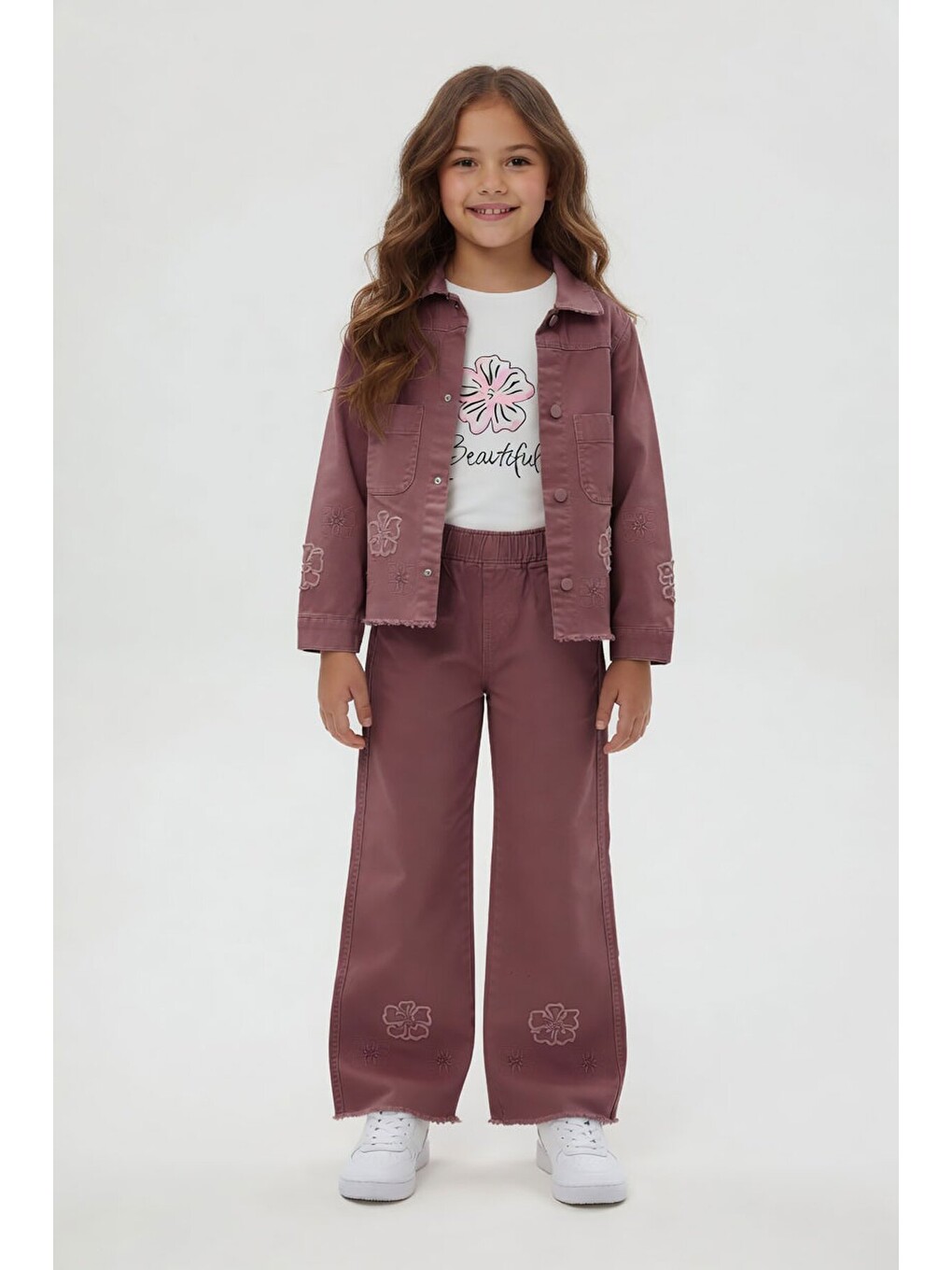Fuşya Çiçek Nakışlı Ceketli Geniş Paça Pantolonlu Kız Çocuk 3lü Takım 24119-2