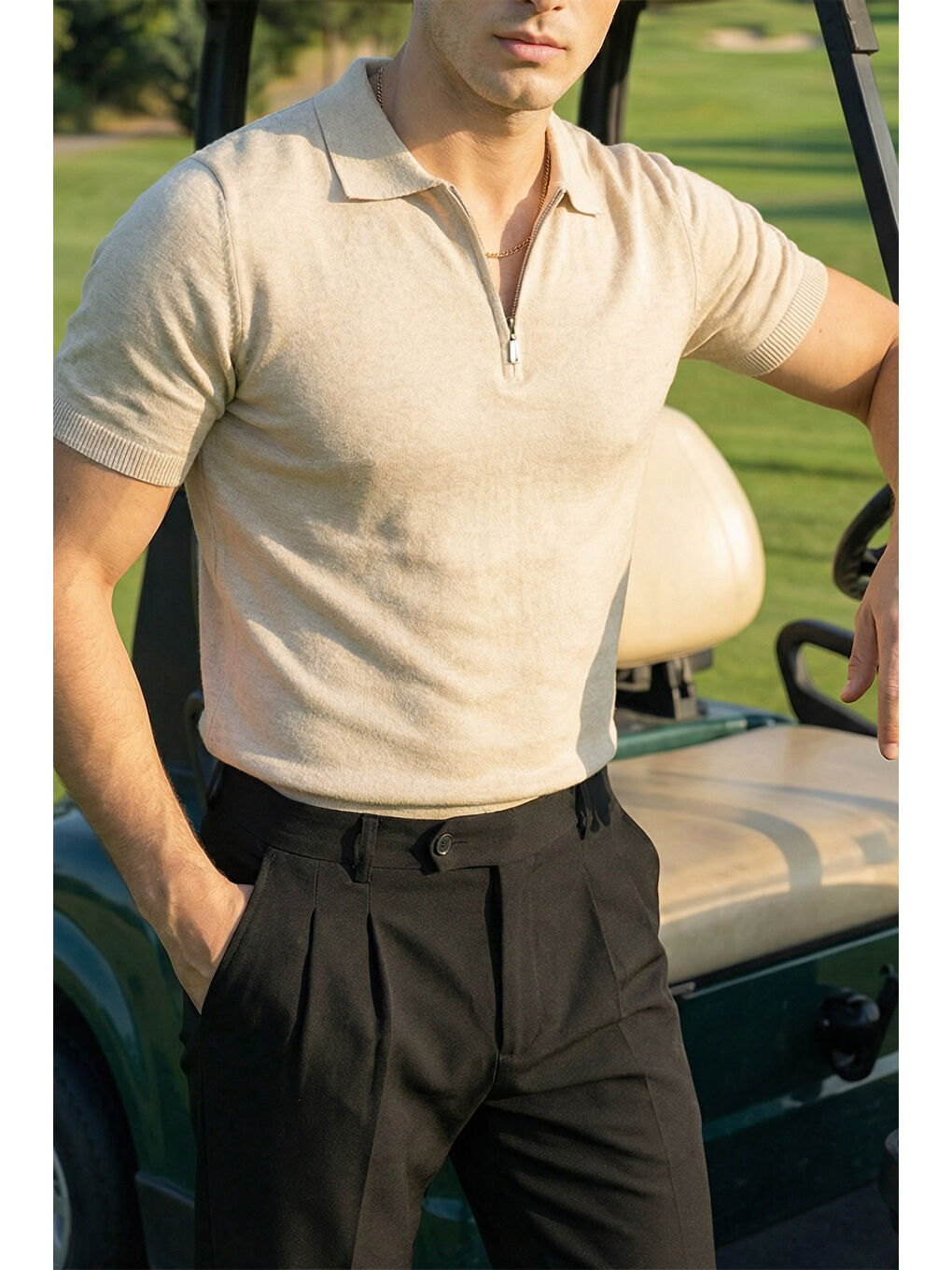 Bej Osko Erkek Polo Yaka Pamuk Düz İnce Triko Tişört-6