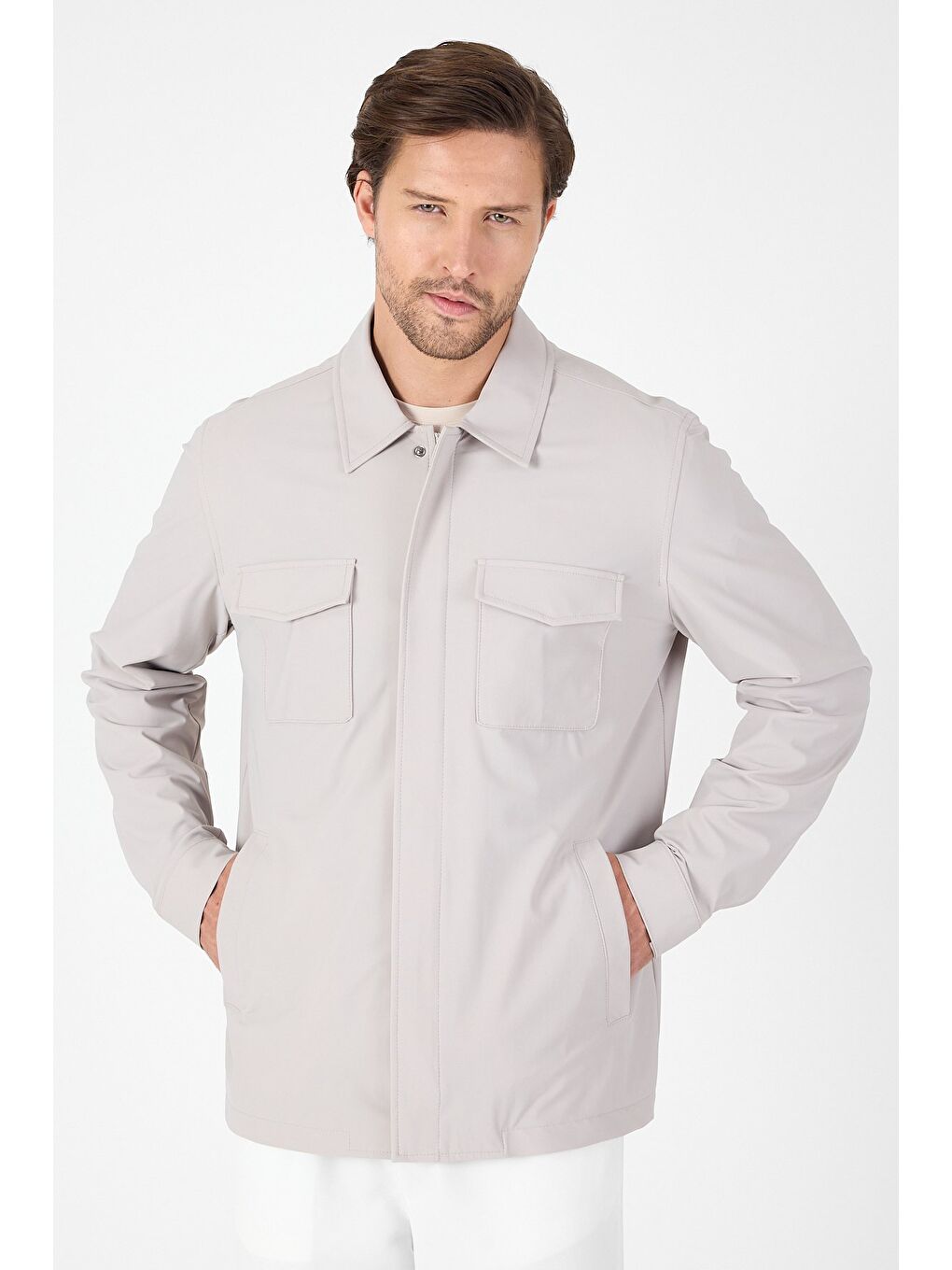 Bej Düz Gabardin Gömlek Yaka Tam Astar Esnek Standart Fit Erkek Ceket 1007250111