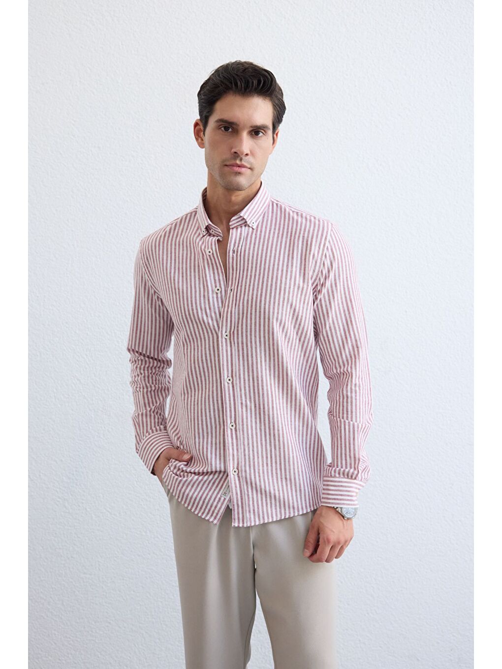 Pembe Senoc Erkek Gömlek Modern Slim Fit Keten Görünümlü Kalın Çizgili-6