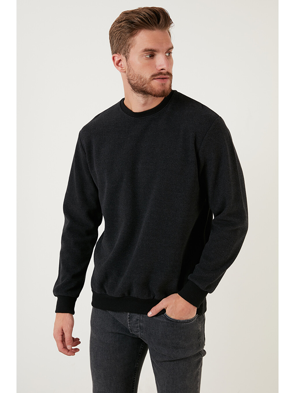 Antrasit Slim Fit Bisiklet Yaka Pamuklu Kazak 4562013w4-1