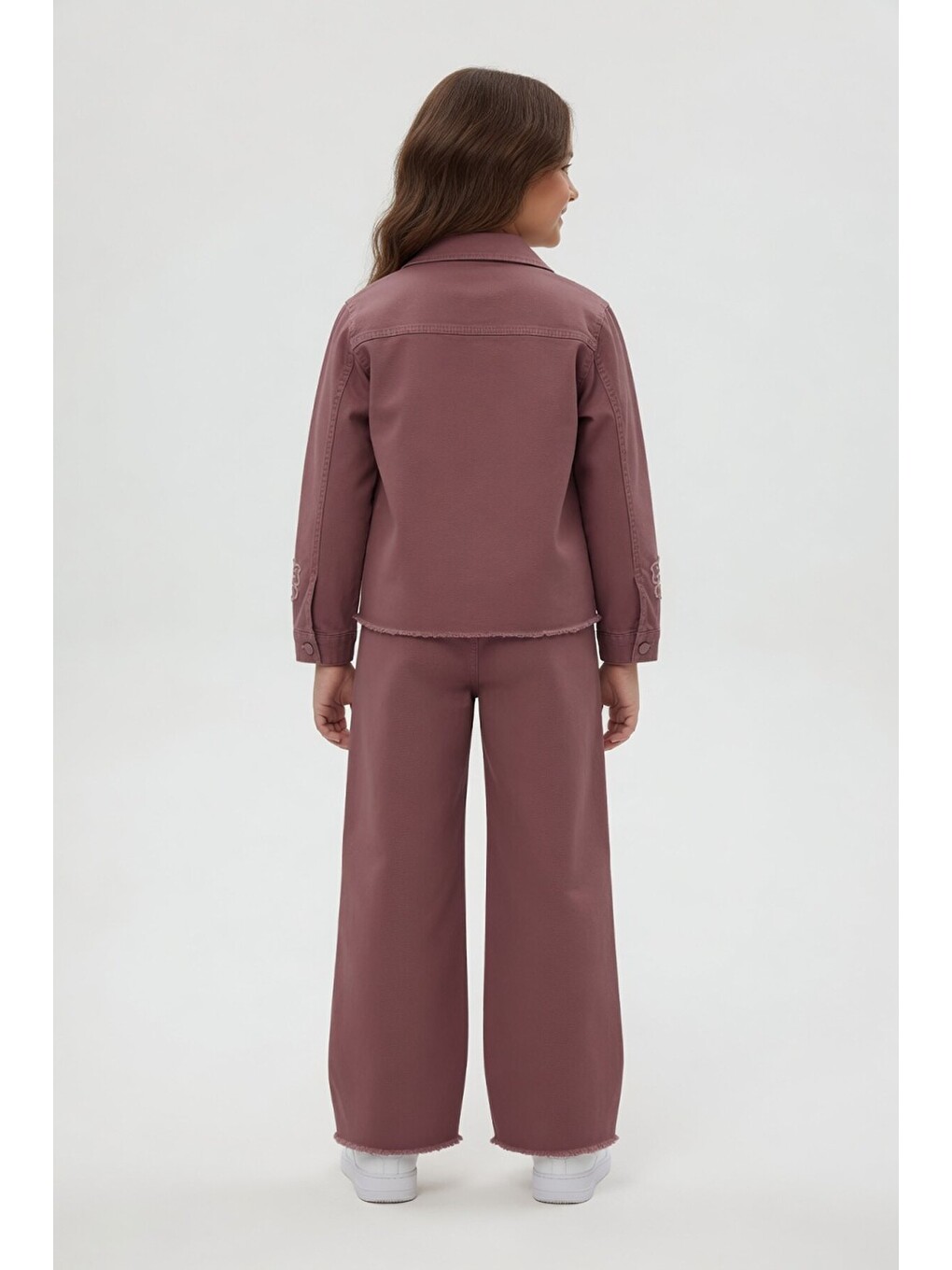 Fuşya Çiçek Nakışlı Ceketli Geniş Paça Pantolonlu Kız Çocuk 3lü Takım 24119-4