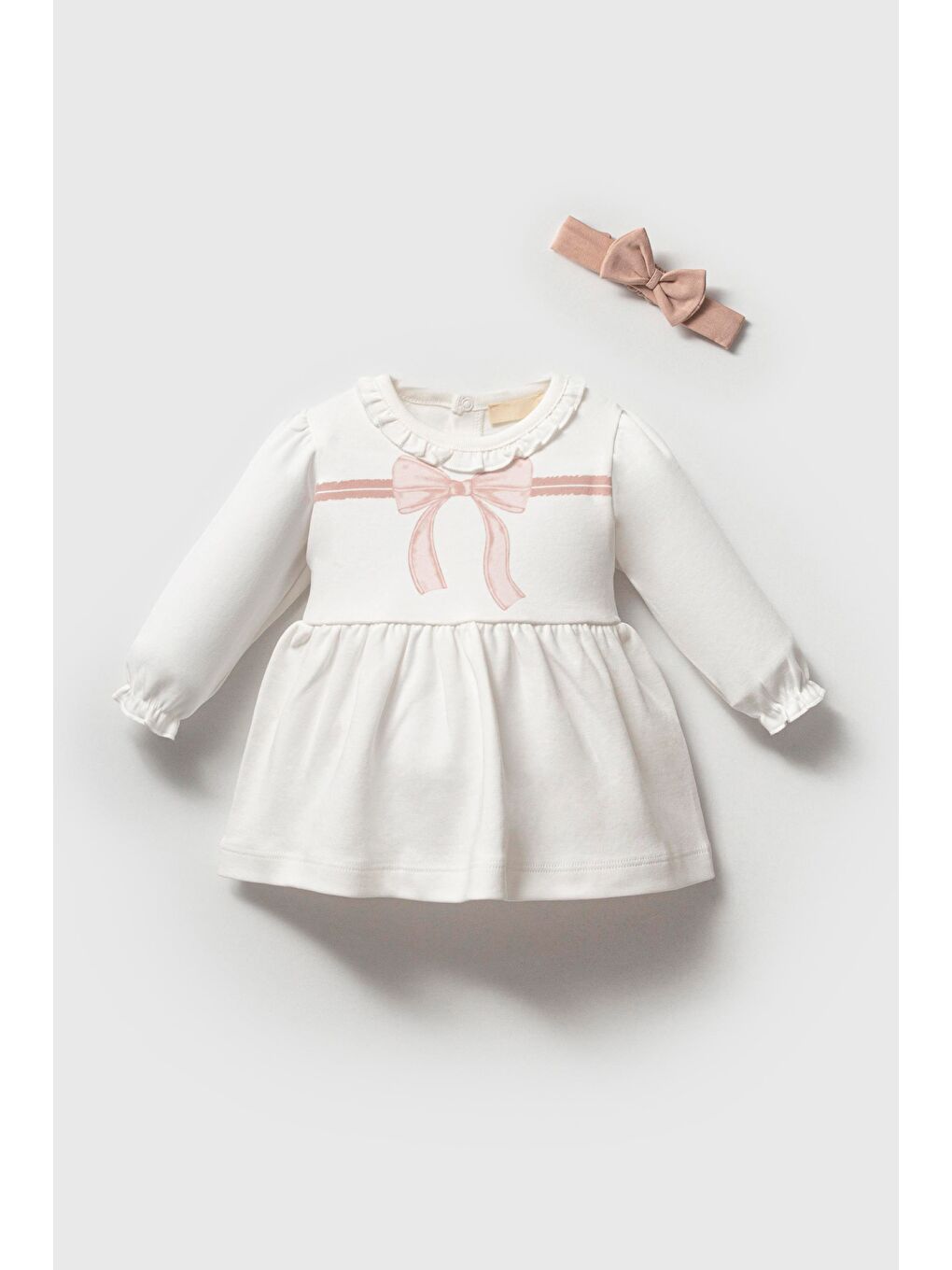 Karışık Kız Çocuk Pamuklu Ekru Fiyonklu Uzun Kollu Elbise Ve Saç Bandı Takımı - Rahat Ve