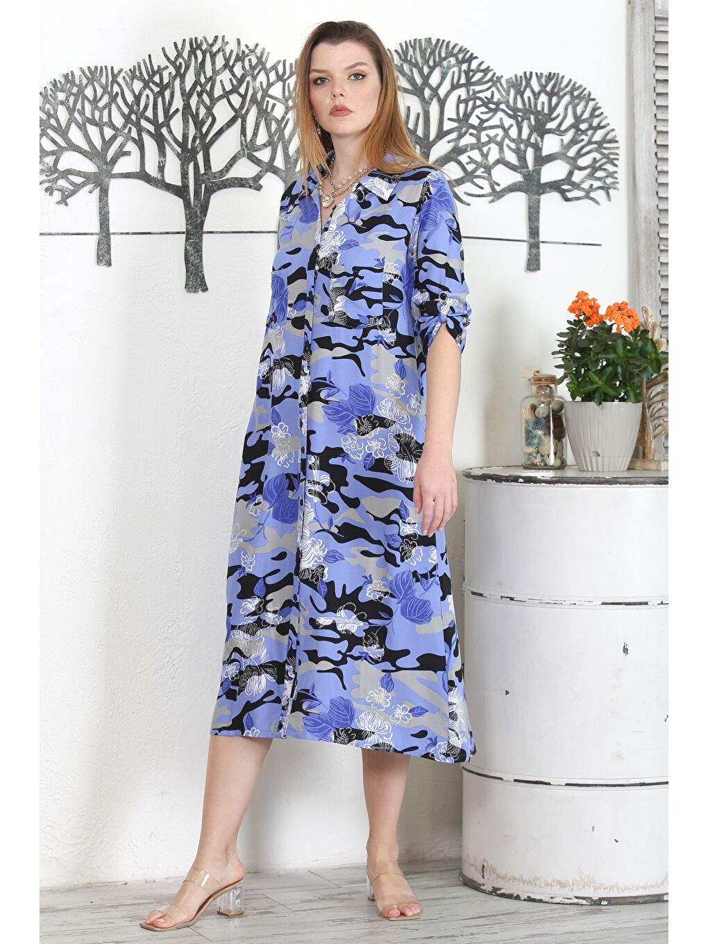 Yeşil Kamuflaj Mavi Gömlek Yaka Düğmeli Uzun Kollu Baskılı Casual Dokuma Elbise-3