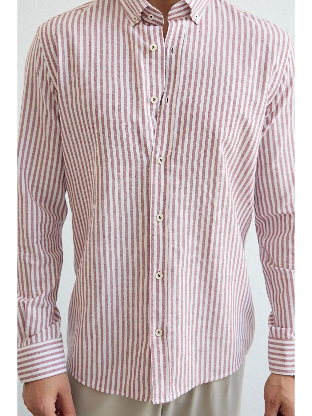 Pembe Senoc Erkek Gömlek Modern Slim Fit Keten Görünümlü Kalın Çizgili-7