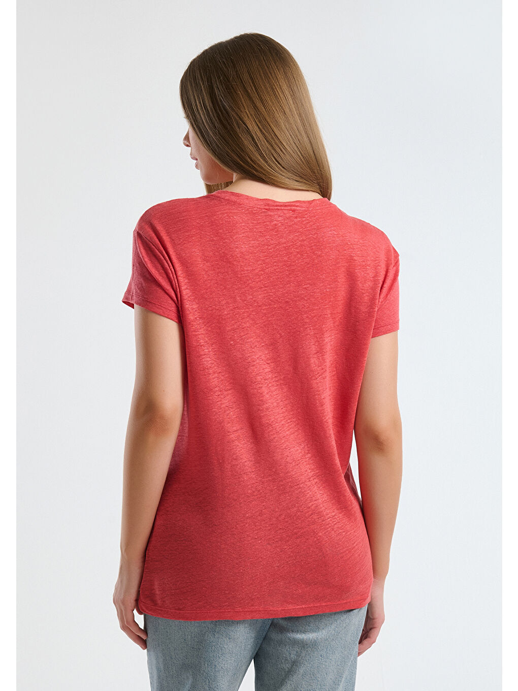 Kadın Mercan %100 Keten Düşük Omuzlu Relax Fit V Yaka T-Shirt-1