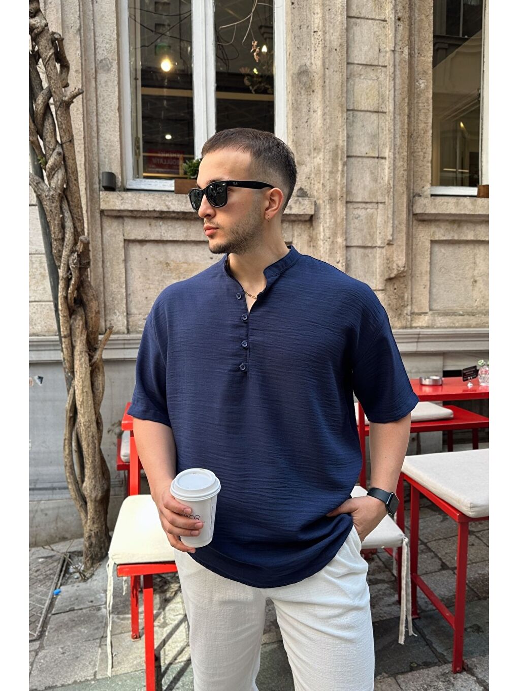 Lacivert Soro Erkek Oversize Keten Görünümlü Kısa Kol Hakim Yaka Yarım Pat Gömlek-1