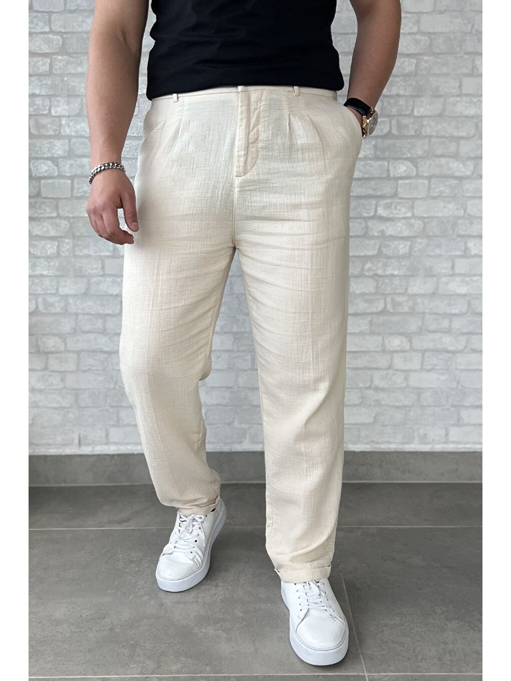 Bej Erkek Pileli Duble Paça Pantolon