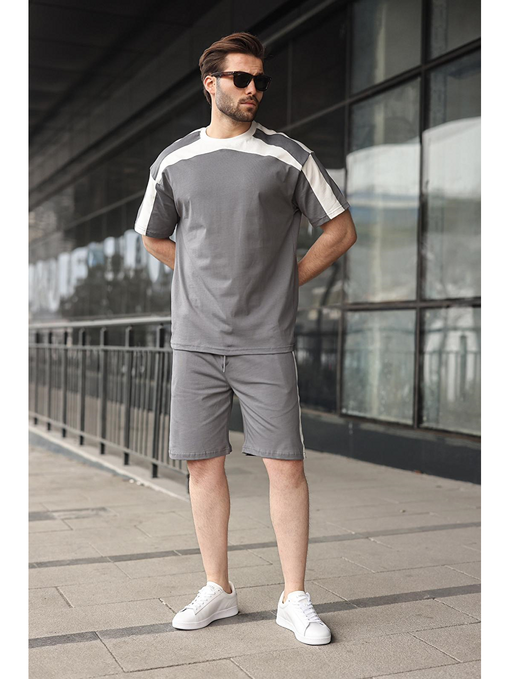 Gri Füme Erkek Şort T-Shirt Takımı E7346-1