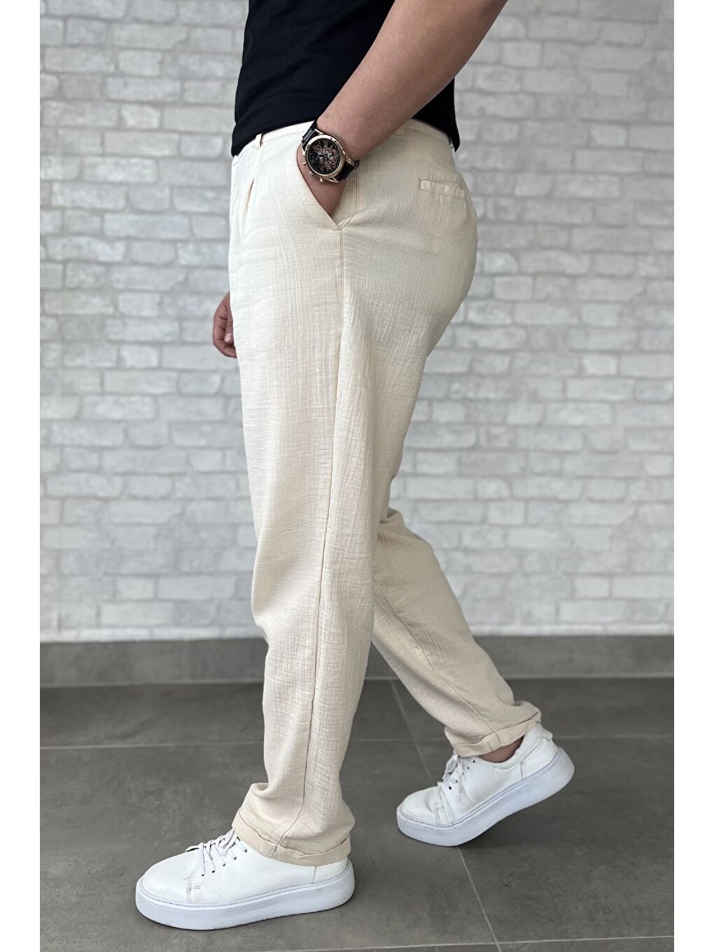 Bej Erkek Pileli Duble Paça Pantolon-1