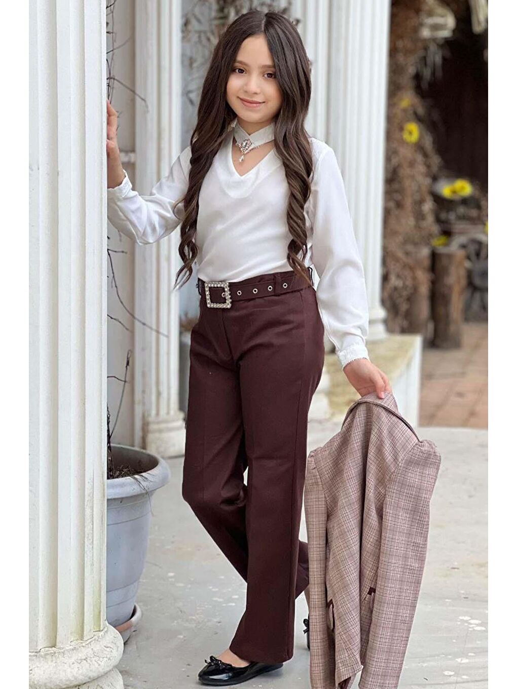 Kız Çocuk Yakası Açık Ve Taş Detaylı Bluz Ekose Çizgi Blazer Ceket Kemerli Kahverengi Alt Üst Takım-2