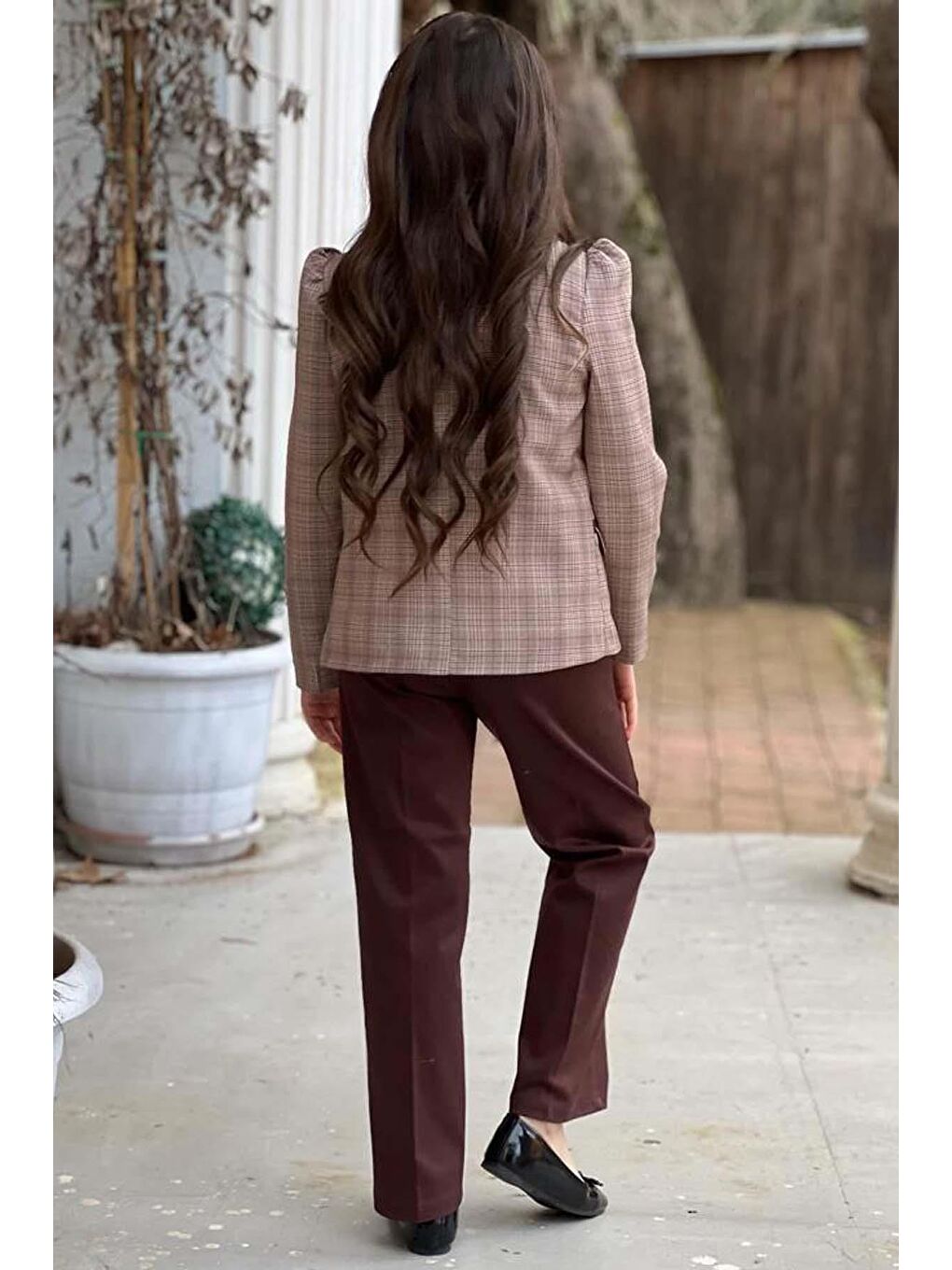 Kız Çocuk Yakası Açık Ve Taş Detaylı Bluz Ekose Çizgi Blazer Ceket Kemerli Kahverengi Alt Üst Takım-3