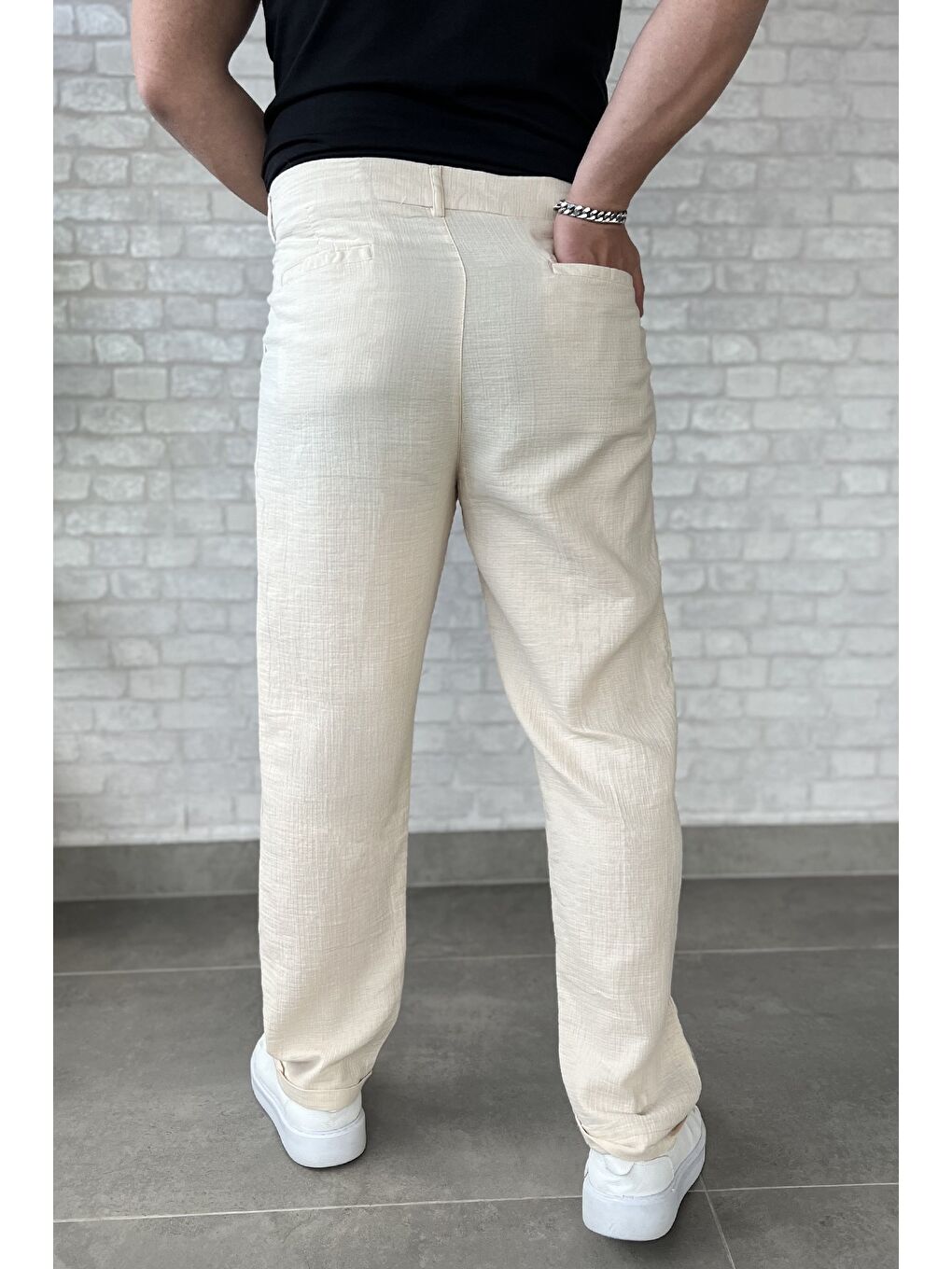 Bej Erkek Pileli Duble Paça Pantolon-2