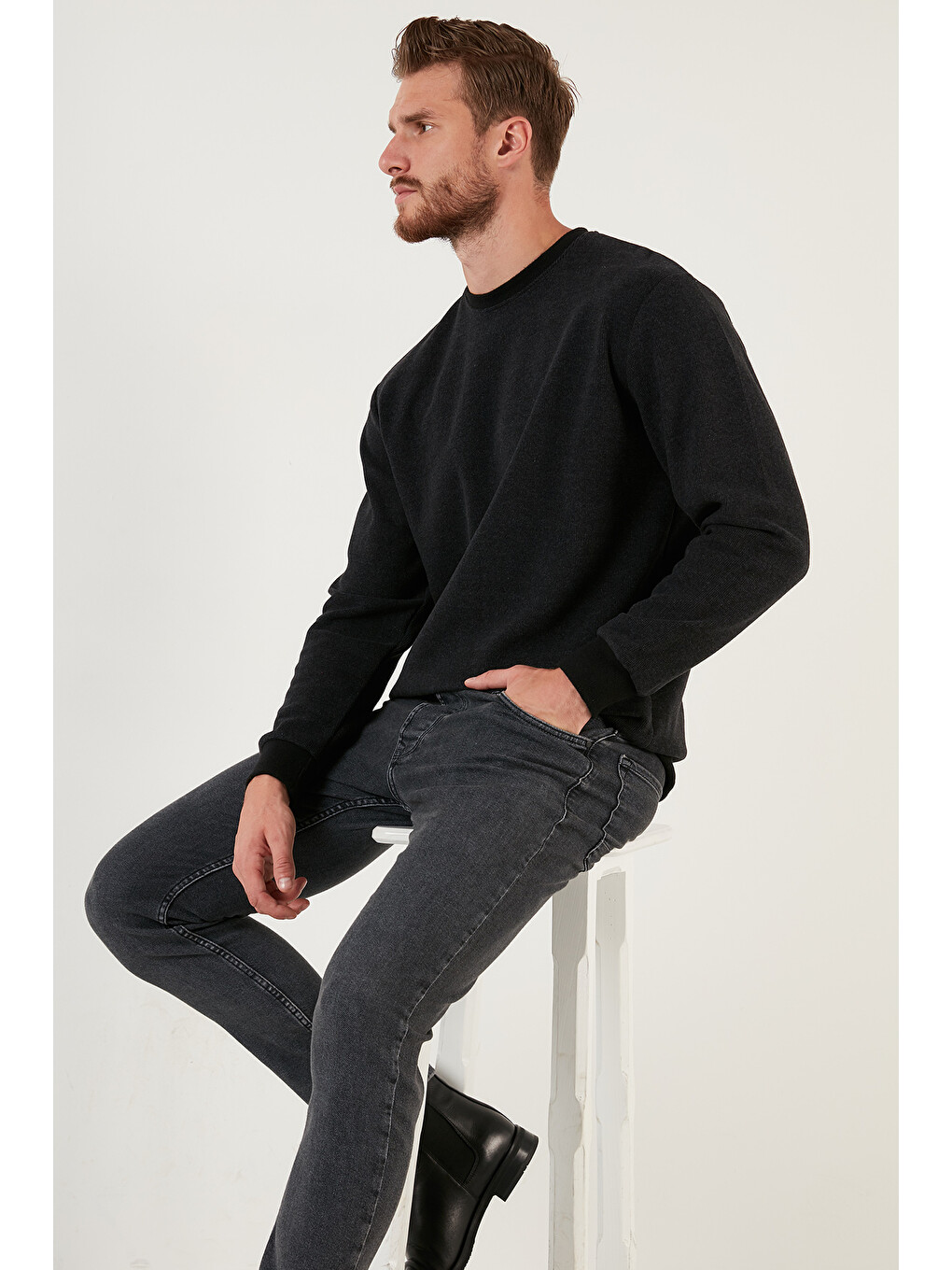 Antrasit Slim Fit Bisiklet Yaka Pamuklu Kazak 4562013w4-3