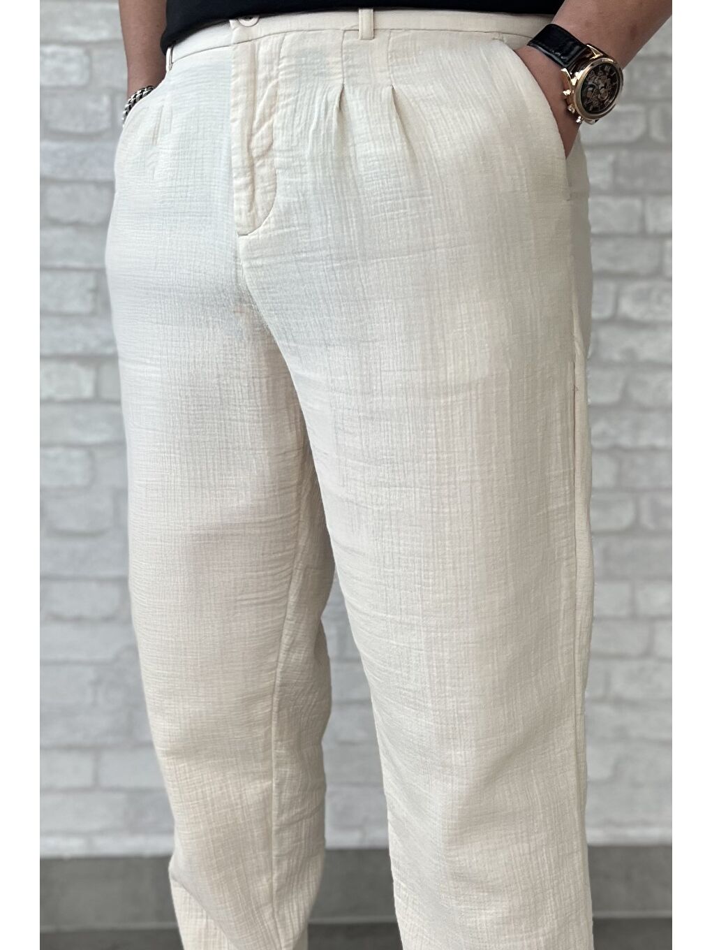 Bej Erkek Pileli Duble Paça Pantolon-3