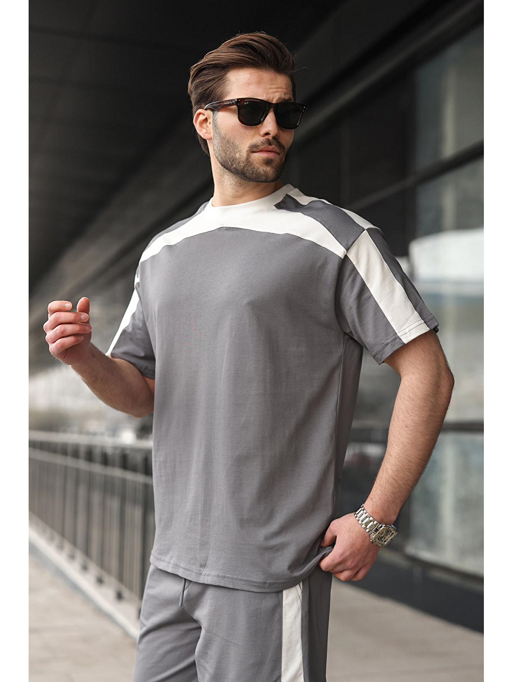 Gri Füme Erkek Şort T-Shirt Takımı E7346-4