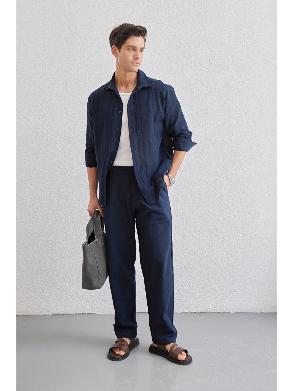 Lacivert Yuji Kendinden Desenli Keten Görünümlü Pamuk Oversize Erkek Gömlek-2