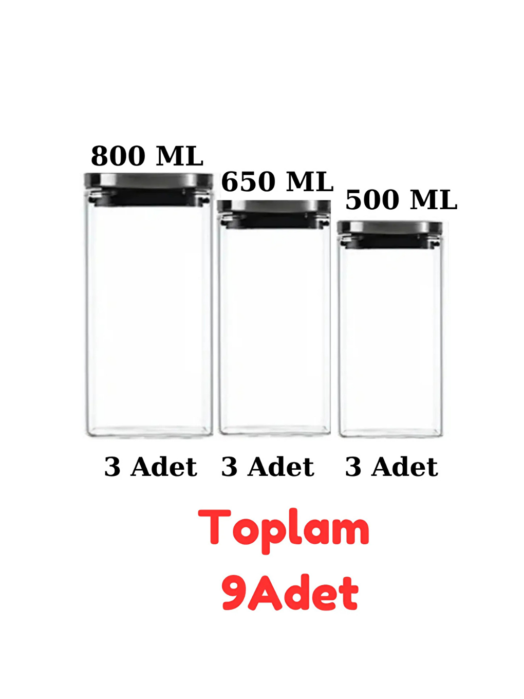 Renksiz Vakum Krom Kapaklı Kare Cam Kavanoz 9 Adet