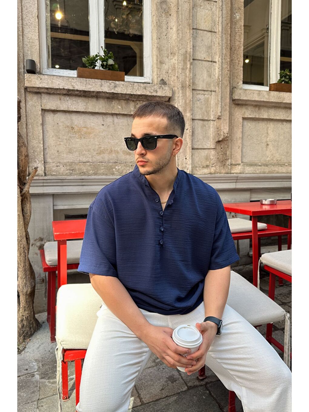 Lacivert Soro Erkek Oversize Keten Görünümlü Kısa Kol Hakim Yaka Yarım Pat Gömlek-3