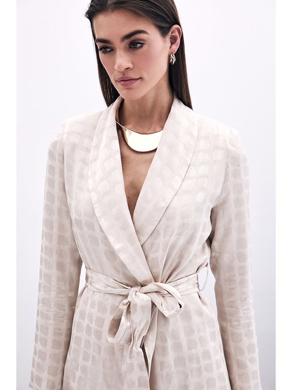 Kare Desenli Kuşaklı Ceket - Bej-2