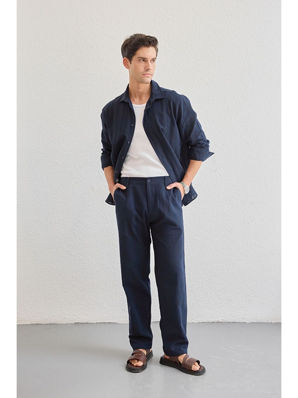 Lacivert Yuji Kendinden Desenli Keten Görünümlü Pamuk Oversize Erkek Gömlek-4