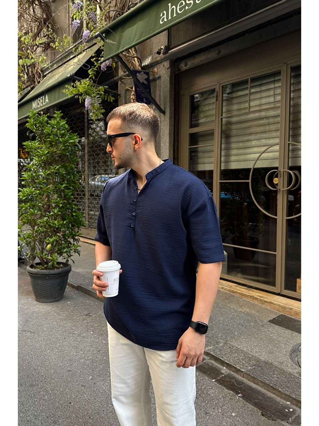 Lacivert Soro Erkek Oversize Keten Görünümlü Kısa Kol Hakim Yaka Yarım Pat Gömlek-4