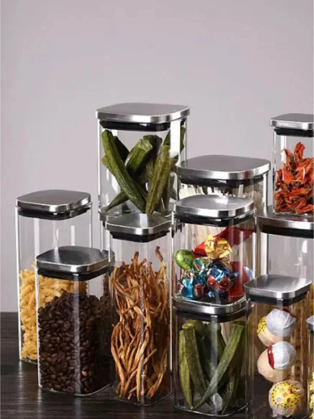 Renksiz Vakum Krom Kapaklı Kare Cam Kavanoz 9 Adet-3