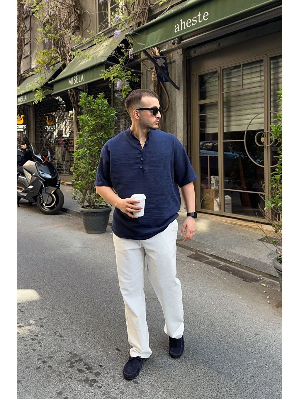 Lacivert Soro Erkek Oversize Keten Görünümlü Kısa Kol Hakim Yaka Yarım Pat Gömlek-5