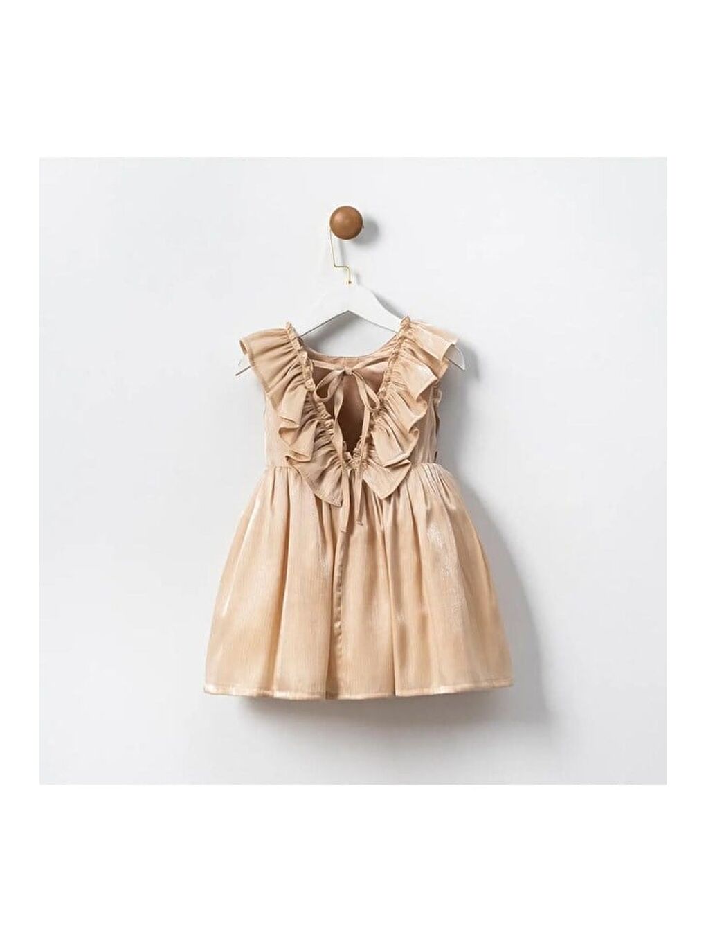 Kahverengi Kız Çocuk Pamuklu Bej Fırfır Detaylı Elbise-1
